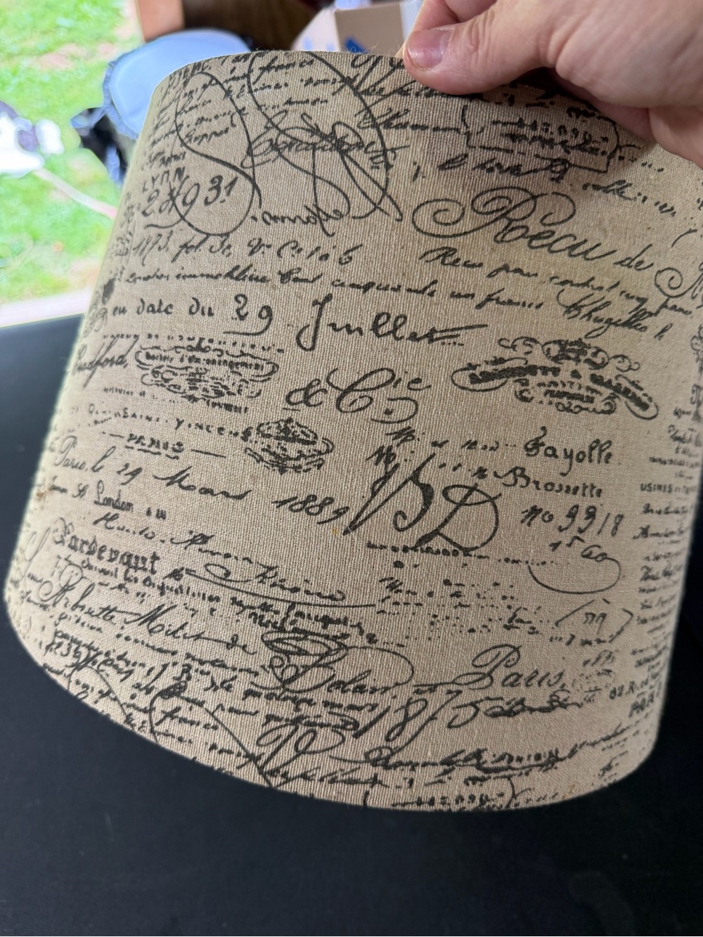 (Sale $5) Script Print Linen Lampshade in Beige and Black